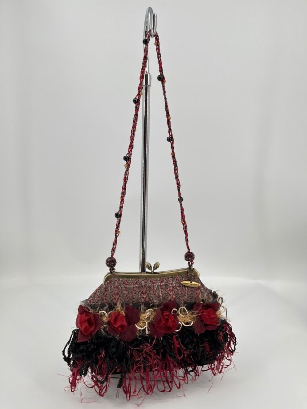 Vintage Mary Frances Beaded Handbag Red Black Floral Frame Bag Evening Purse